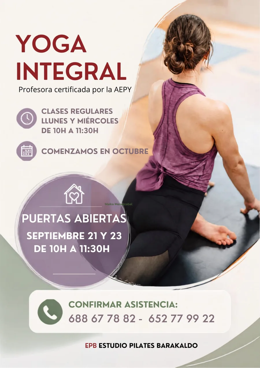 Yoga Integral, puertas abiertas 21 y 23 de septiembre, Estudio Pilates Barakaldo